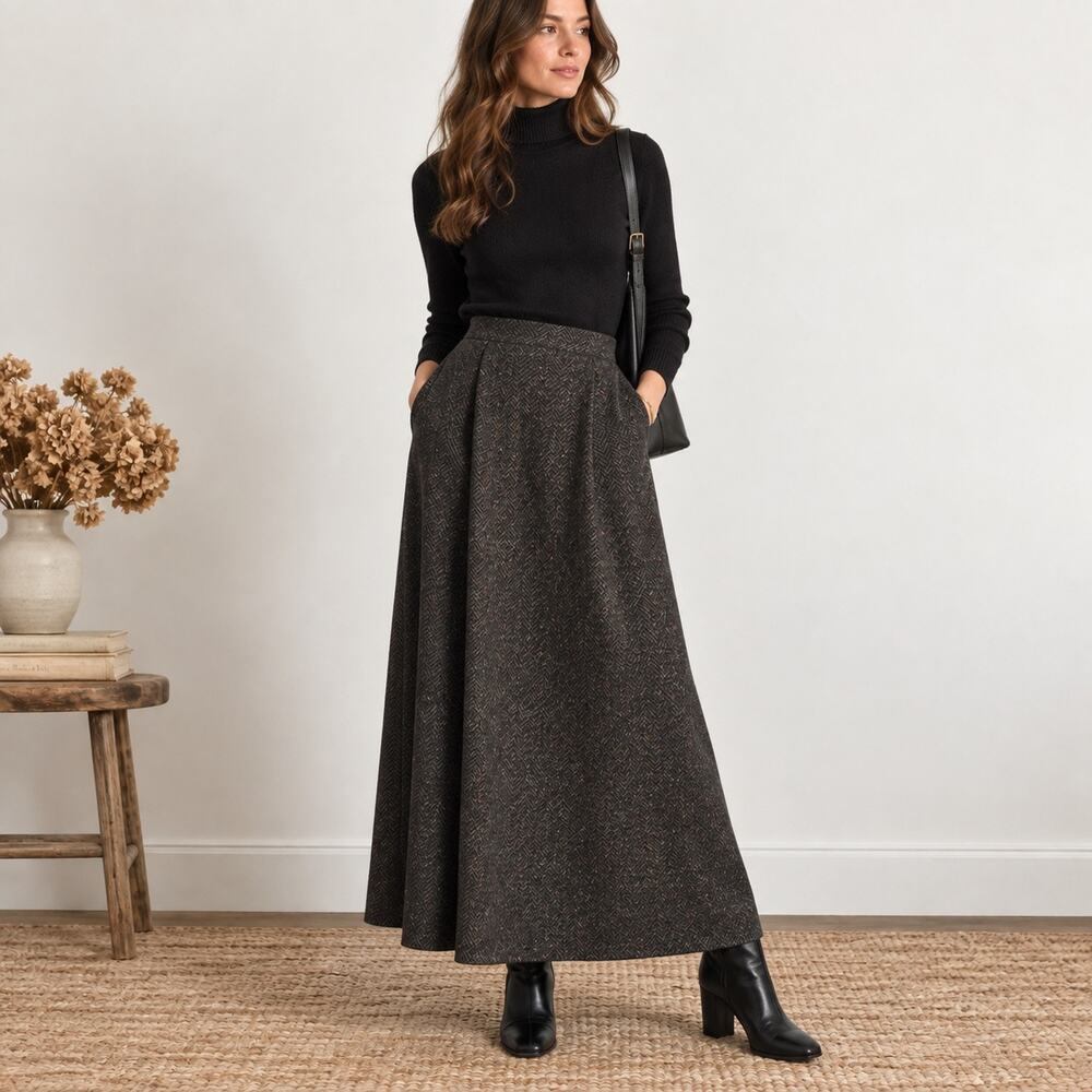 Vintage Barry J Bricken Wool Tweed Maxi Skirt Pockets Size M